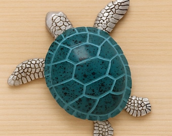 Vintage schildpadbeeldje, groenzilveren schildpad, decor Indonesische zeeschildpad, beeldje oceaanthema, dierensculptuur, decor kustplank