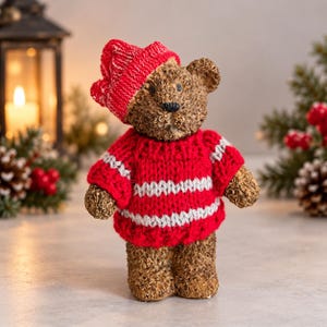 Vintage 1990 Teddy Bear Figurine, Christmas Sweater Bear Decor, Red Knit Hat Holiday Statue, USA Polymer Winter Tabletop Collectible Gift