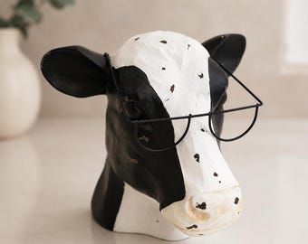 Vintage Kuhkopf aus Keramik, handgefertigt um 1990, mit Drahtbrille, schwarz-weiße 3D-Tierbüste, rustikale Landhausküchendekoration, Geschenk für Kuhliebhaber, 15 cm