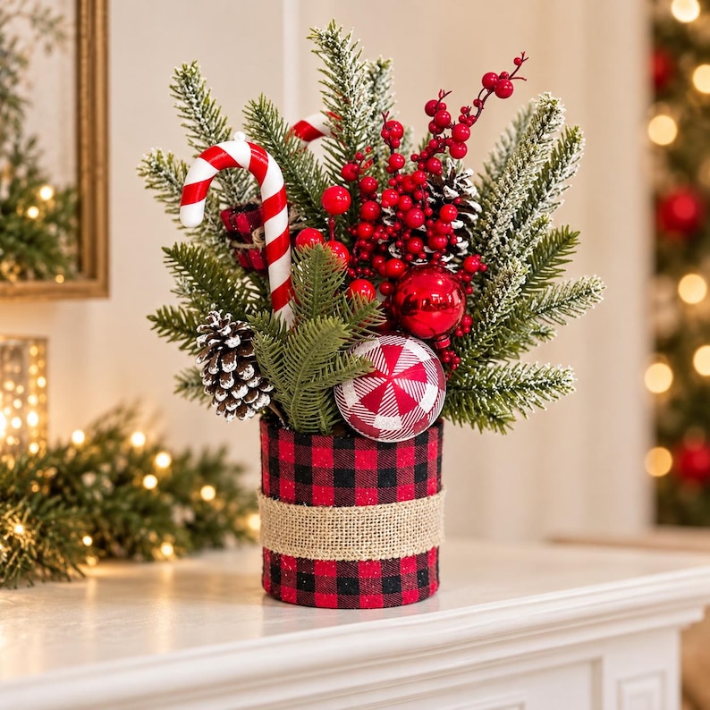 Artificial Christmas Arrangement, Faux Pine Berry Centerpiece, Buffalo ...