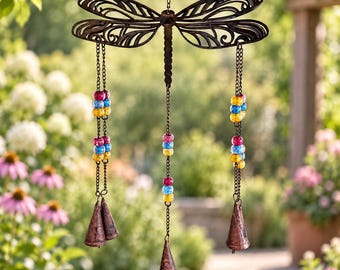 Hand Assembled Metal Dragonfly Wind Chime, Garden Bell Decor, Colorful Beaded Hanging Ornament, Patio Yard Porch Art, Indoor Outdoor 15 Inch