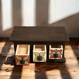 Tiroirs en céramique peints à la main, coffre en bois, rangement pour bijoux, cadeau VINTAGE, 9 pouces, noir, 3 sections, Portugal restauré sur 30 ans