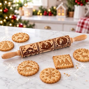 Handmade Wood Christmas Embossed Rolling Pin, Gingerbread Pattern, Nativity Reindeer Snowflake Baking Tool, Holiday Cookie Roller, 16.5 Inch