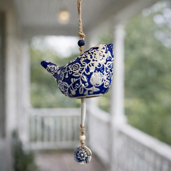 Campana colgante de cerámica vintage de 1980, hecha a mano, de 6 pulgadas, estilo Talavera azul y blanco español, decoración mediterránea, regalo de España.