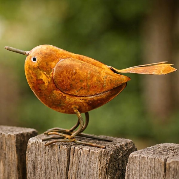 Metalen winterkoninkje tuindecoratie, vogelsculptuur met roesteffect, rustieke tuinkunst, roestbruin-oranje hek-, boom- en tuindecoratie met vogelmotief, 12,7 cm