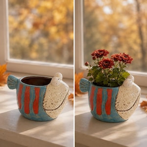 Handbemalter Keramik-Pflanztopf in Fischform, handgefertigter Blumentopf, türkisfarbener Korallen-Pflanzenhalter, maritime Dekoration im Küstenstil, 15 cm (6 Zoll) großes Gartengeschenk