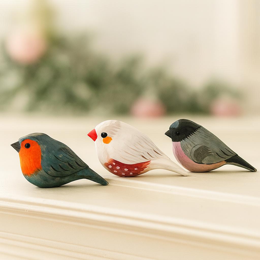 3.5インチ ヴィンテージ木製鳥の置物、手彫りの鳥の像、北欧民芸装飾