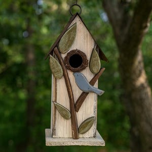 Wooden Birdhouse Handmade In Europe, Rustic Garden Decor, Metal Roof, Decorative Bird House With Leaves And Bird, Outdoor Yard Ornament 12&#39;&#39;