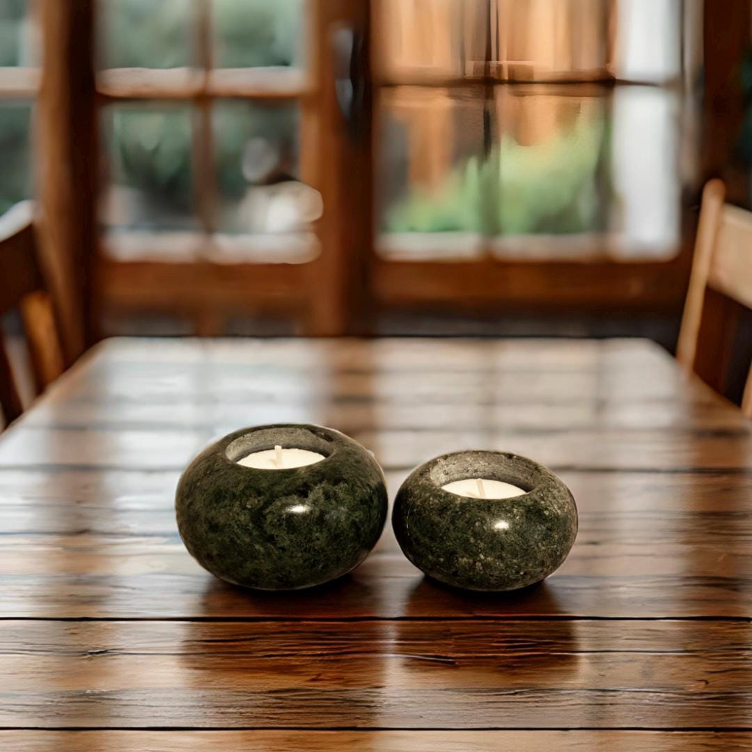 Set of Two Round Natural Stone Jade Tea Light Candle Holders, Perfect ...