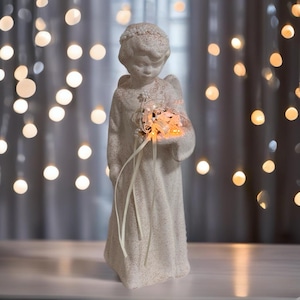 Vintage Ceramic Angel Figurine with Illuminated Bouquet, Battery Operated Angel, Handmade Retro Antique Angel Gift 1990s Rare Find 11&#39;&#39;