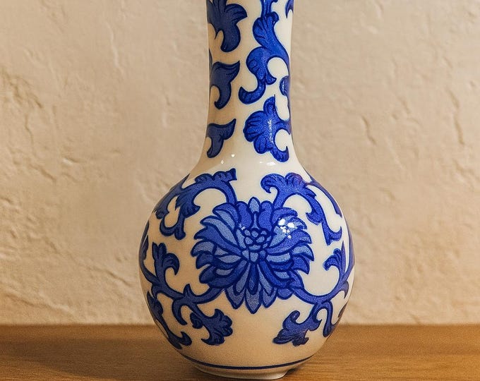 Handmade Portuguese Ceramic Vase, Small Blue and White Floral Pottery, Vase Gift, Classic Home Decor, Traditional Vintage Style Vase 6''