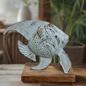 Vintage Blue Metal Angelfish Figurine On Wooden Base | Hand-Painted Coastal Nautical Fish Sculpture UK 9&#39;&#39; Sea Ocean decoration Fish Gift
