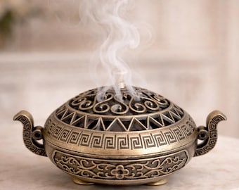 Vintage Japanese Incense Burner With Handles Metal Handmade Incense Holder Lidded Censer Brass Color Asian Decor Ritual Burner Japan 3''
