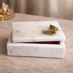 Vintage Handmade Marble Jewelry Box, White Stone Trinket Trunk, Brass Butterfly Lid, French Decor Vanity Storage Keepsake Gift France 6''