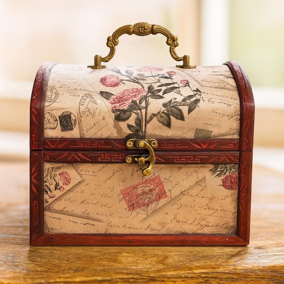 Vintage Wooden Box, Handmade Trinket Chest, Rose and Peony Design
