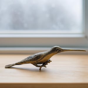 Puede incluir: Figurilla de colibrí de color bronce con un pico largo y delgado y plumas texturizadas. El pájaro está posado sobre una pequeña pata de tres dedos. La escultura está sobre un fondo borroso.