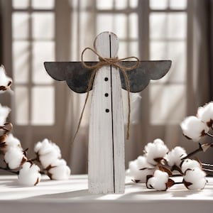 Vintage Handcrafted Wooden Angel Figurine with Metal Wings and Bow, 9 in, Rustic Farmhouse Decoration, Tabletop Bestseller Handmade Gift