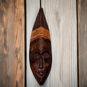 Vintage 1950s Ghana Handcrafted Wooden Tribal Mask, 19&quot; Wall Hanging with Closed Eyes and Back Hook, Unique African Art Décor, Handmade Mask