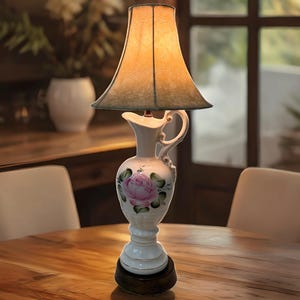Vintage French Lamp, Hand Painted Rose Ceramic Vase Lamp, Classic Table Lamp, Decorative Bedside Lamp 1970 France, Antique Floral Decor Gift