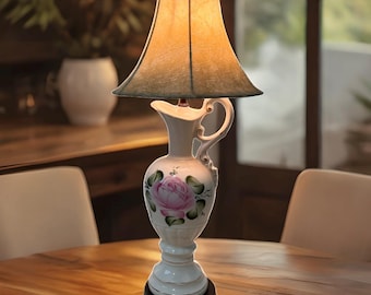 Vintage French Lamp, Hand Painted Rose Ceramic Vase Lamp, Classic Table Lamp, Decorative Bedside Lamp 1970 France, Antique Floral Decor Gift