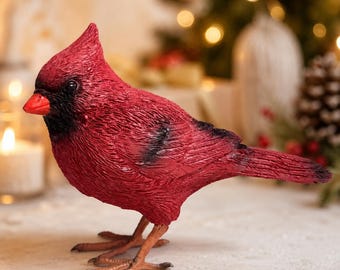 Figurine d'oiseau cardinal rouge faite main, sculpture d'oiseau réaliste, déco art Canada, ornement de forêt peinte, cadeau animalier Cardinal du Nord