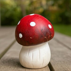 Handmade Ceramic Mushroom Figurine, Red Toadstool Home Decor, White Polka Dots, Fairy Tale Poland Table Ornament, Woodland Garden Decor