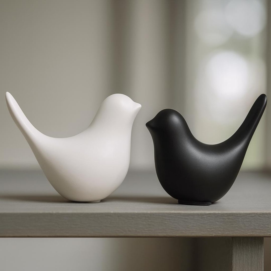 陶器製鳥の置物2体セット、マットブラックホワイトの鳥、スペイン製