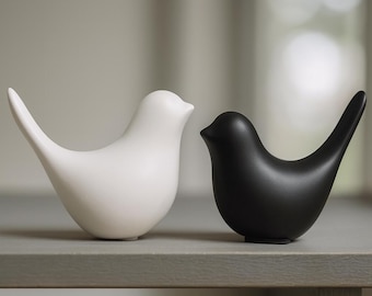 Set of 2 Ceramic Bird Figurines, Matte Black White Birds, Handmade Spain Minimalist Modern Bird Home Decor, Decorative Animal Sculptures 3''