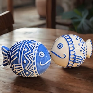 Handmade Ceramic Fish Figurine, Blue White Fish Statue, Decorative Tabletop Fish, Dutch Pottery Art, Coastal Fish Decor, Nautical Gift 6&#39;&#39;