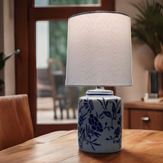Ceramic Table Lamp, Portugal style Blue Floral Lamp,  Restored Lamp, Electric Lamp, Porcelain White Shade Bedside Lamp 13''