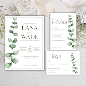 Conjunto de invitaciones de boda con eucalipto y vegetación, plantilla editable de descarga digital, incluye invitación, confirmación de asistencia, detalles finos y agradecimiento.
