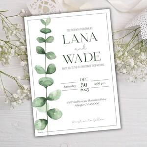 Greenery Eucalyptus Floral Wedding Invitation Only Digital Download Editable Template Modern Simple Elegant Floral Green White Canva