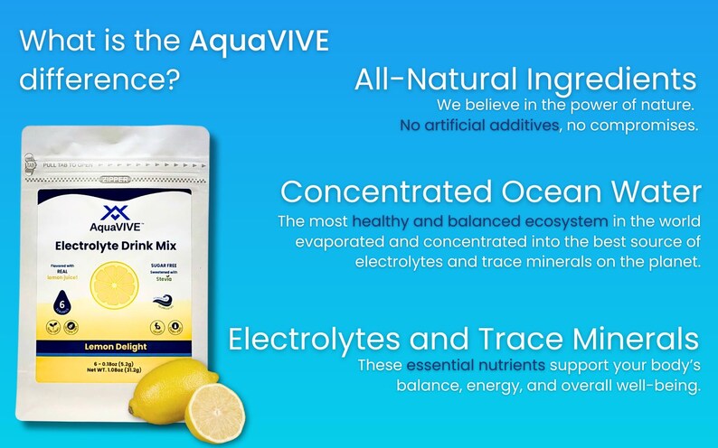 May include: A white pouch with a zipper closure, labeled "AquaVIVE Electrolyte Drink Mix" with a lemon illustration and the text "Lemon Delight". The pouch is on a blue background with text about the product's all-natural ingredients and concentrated ocean water.