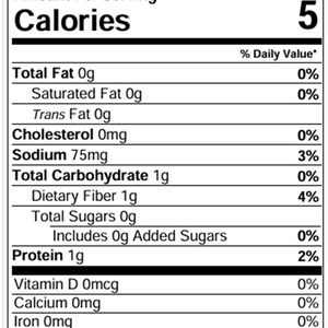 May include: Nutrition Facts label for a food product with 30 servings per container. Each serving is 5.2 grams and contains 5 calories. The label lists the amount of total fat, saturated fat, trans fat, cholesterol, sodium, total carbohydrate, dietary fiber, total sugars, protein, vitamin D, calcium, iron, potassium, magnesium, and chloride per serving. The label also includes the percentage of daily value for each nutrient.