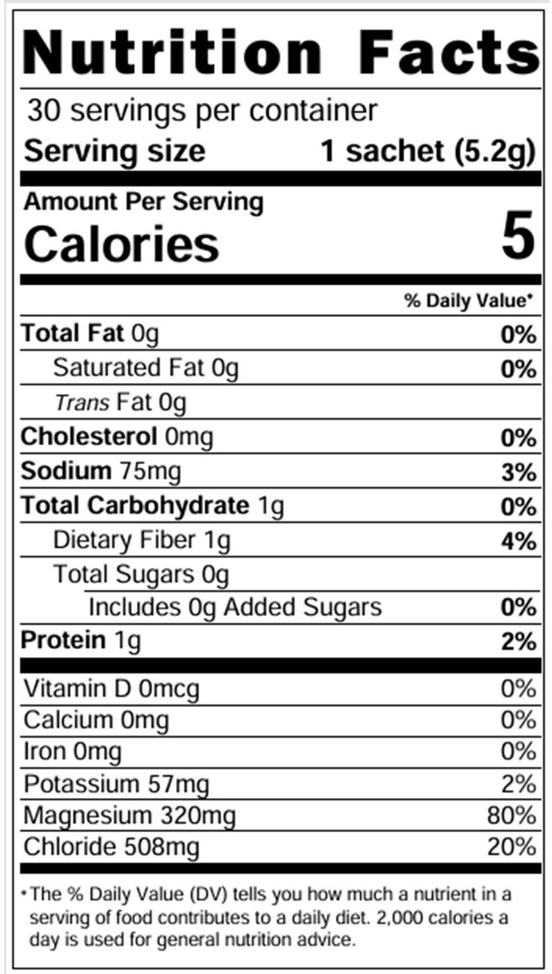 May include: Nutrition Facts label for a food product with 30 servings per container. Each serving is 5.2 grams and contains 5 calories. The label lists the amount of total fat, saturated fat, trans fat, cholesterol, sodium, total carbohydrate, dietary fiber, total sugars, protein, vitamin D, calcium, iron, potassium, magnesium, and chloride per serving. The label also includes the percentage of daily value for each nutrient.