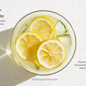 May include: A glass of lemon water with ice cubes. The text "AquaVIVE&trade; Lemon Delight delivers refreshing hydration with a burst of real lemon flavor." is at the top of the image. The text "drinkaquavive.com" is at the bottom of the image. The text "Powered by AQUASEA&trade; (Concentrated Ocean Water) for balanced electrolytes." is at the bottom right of the image.