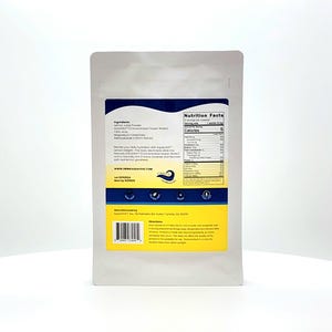 May include: A white pouch with blue and yellow accents. The front of the pouch has a nutrition facts label and a list of ingredients. The back of the pouch has a barcode and directions for use. The pouch is labeled "AQUA-VIVE" and "Lemon Juice Powder".