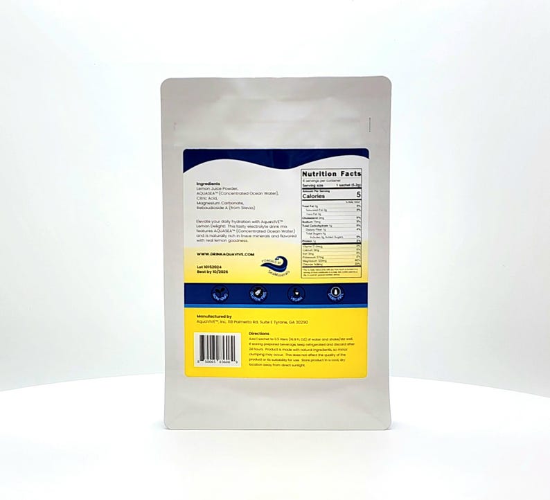 May include: A white pouch with blue and yellow accents. The front of the pouch has a nutrition facts label and a list of ingredients. The back of the pouch has a barcode and directions for use. The pouch is labeled "AQUA-VIVE" and "Lemon Juice Powder".