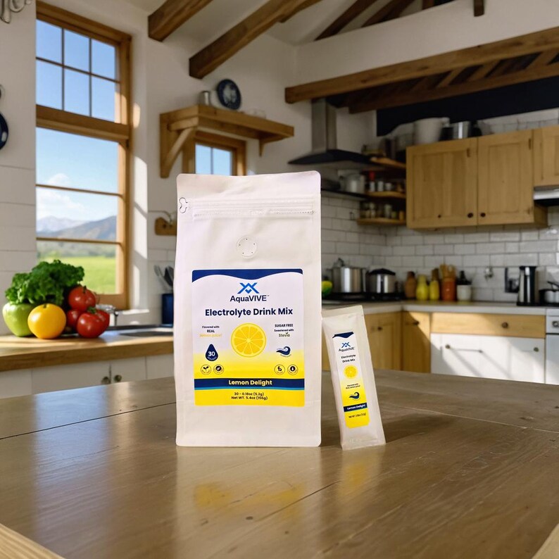 May include: A white pouch with a zipper closure containing AquaVIVE Electrolyte Drink Mix in Lemon Delight flavor. The pouch is sitting on a wooden table with a single serving packet in front of it.