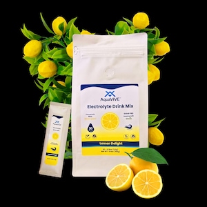 May include: A white pouch with a zipper closure containing a lemon-flavored electrolyte drink mix. The pouch has the brand name AquaVIVE and the text "Electrolyte Drink Mix" and "Lemon Delight". The pouch is surrounded by lemons.