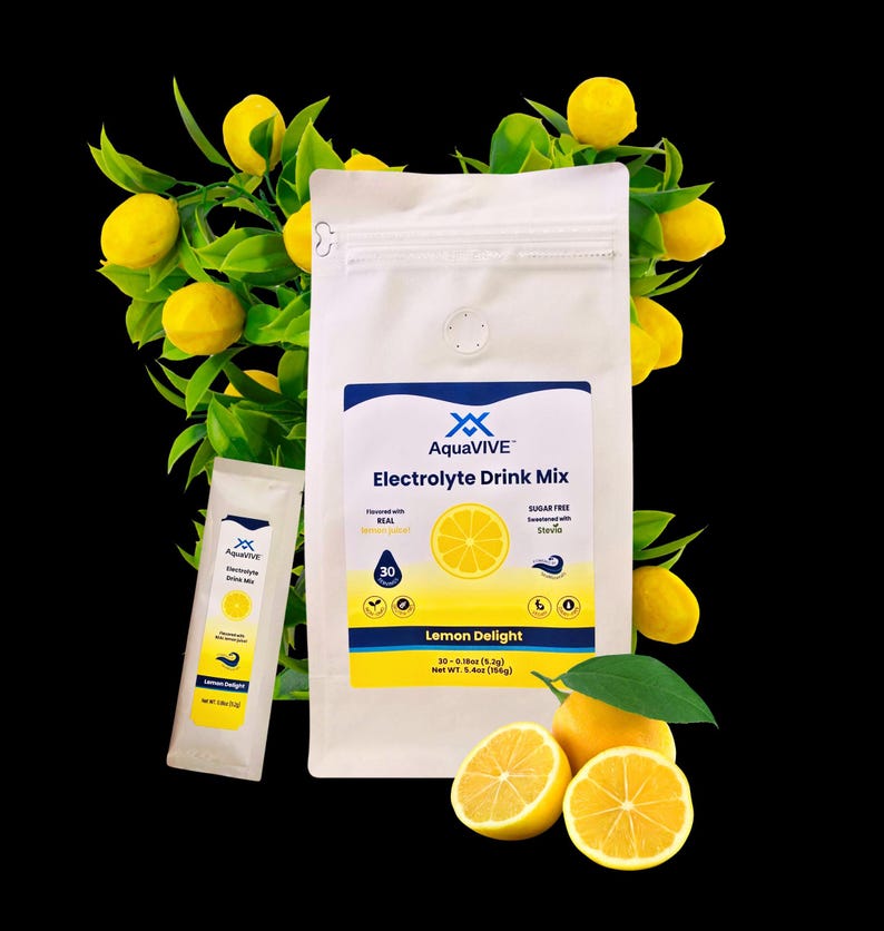 May include: A white pouch with a zipper closure containing a lemon-flavored electrolyte drink mix. The pouch has the brand name AquaVIVE and the text "Electrolyte Drink Mix" and "Lemon Delight". The pouch is surrounded by lemons.
