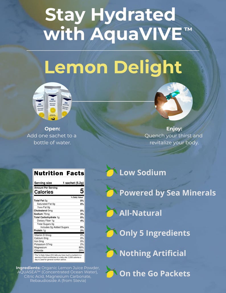 May include: A yellow lemon with the text "Stay Hydrated with AquaVIVE&trade; Lemon Delight" above it. Below the lemon is a nutrition facts label for a single serving of the product, which contains 5 calories. The label lists the ingredients as "Organic Lemon Juice Powder, AQUASEATM (Concentrated Ocean Water), Citric Acid, Magnesium Carbonate, Rebaudioside A (from Stevia)".  The product is described as "Low Sodium", "Powered by Sea Minerals", "All-Natural", "Only 5 Ingredients", "Nothing Artificial", and "On the Go Packets".