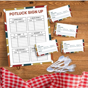 Puede incluir: Una hoja de inscripción para una comida compartida con secciones para aperitivos, platos principales, guarniciones, postres, bebidas y artículos varios. Incluye pequeñas tarjetas de información dietética.