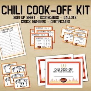 Chili Kochen Off-Stimmzettel, Chili-Abstimmungskarten, Chili Score-Karten, Chili Kochen Off-Anmeldeblatt, Chili Kochen-Off druckbare