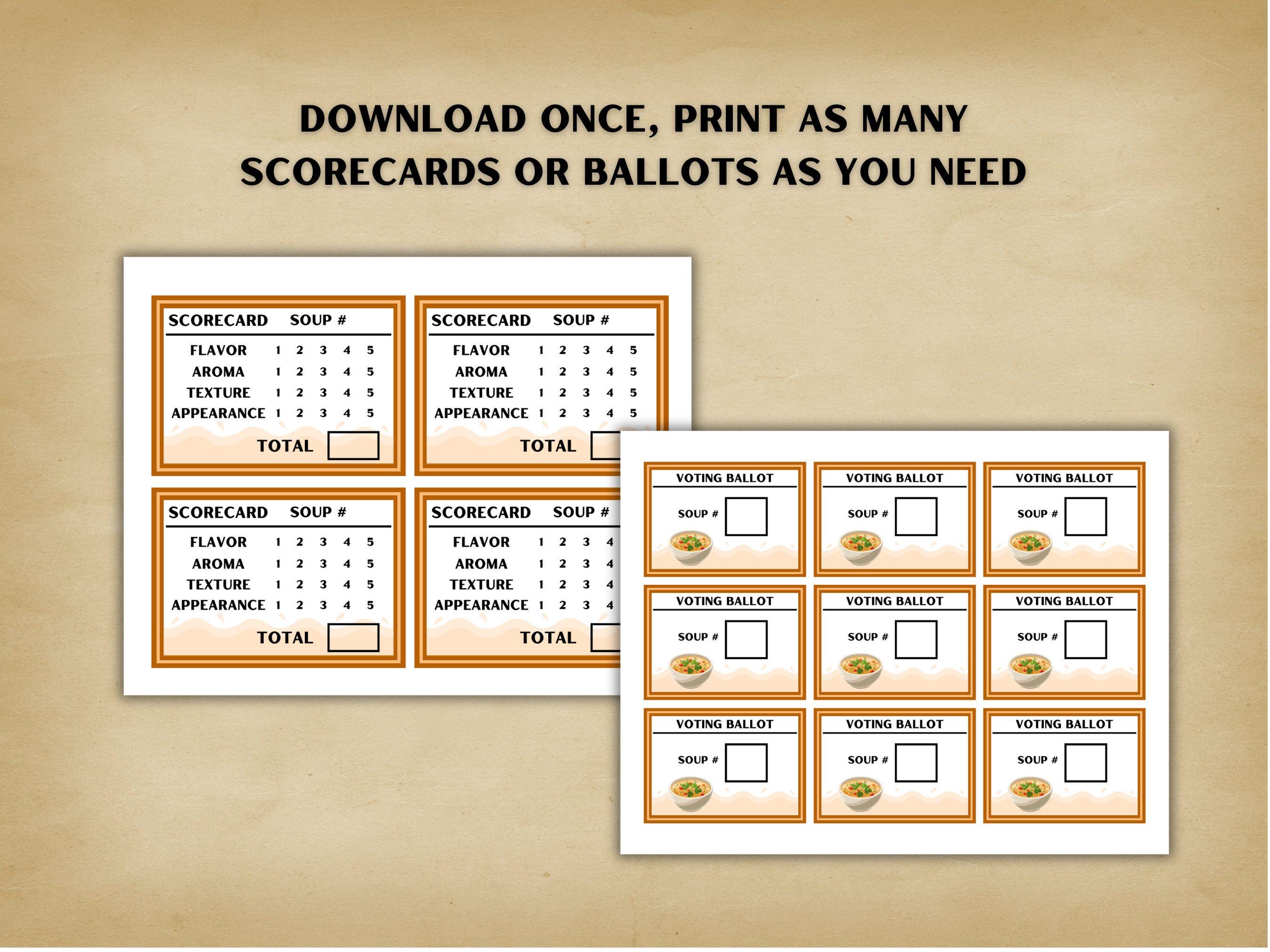 Soup Cook off Ballots, Souper Bowl Voting Cards, Soup Score Cards, Soup ...