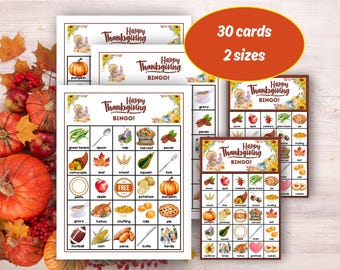 May include: A set of 30 Thanksgiving bingo cards in two sizes. The cards feature a variety of Thanksgiving-themed images and words, including a turkey, pumpkin, corn, and football. The cards are printed on white cardstock with a brown border.