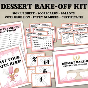 Puede incluir: Un kit de concurso de repostería con hojas de inscripción, tarjetas de puntuación, boletas y certificados. El kit incluye tarjetas de números de entrada y un letrero de "Vote Aquí". Acentos rosas y blancos decoran los materiales.