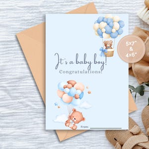 It's A Baby Boy Gefeliciteerd-kaart Afdrukbare kaart - digitale download - Afdrukbare felicitatiekaart met vliegende teddyberen