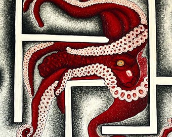 Red Octopi in a Maze, Acrylic Painting, 3' x 4'