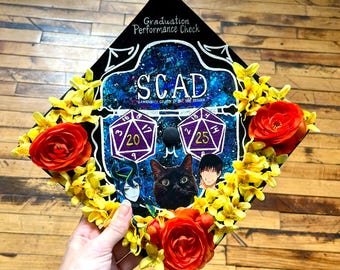 Hand-painted Graduation Cap Cover with Flowers, 3D elements (Custom)